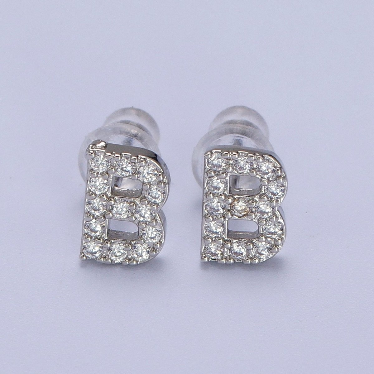 White Gold Filled Tiny Initial Letter Diamond CZ Silver Stud Earrings