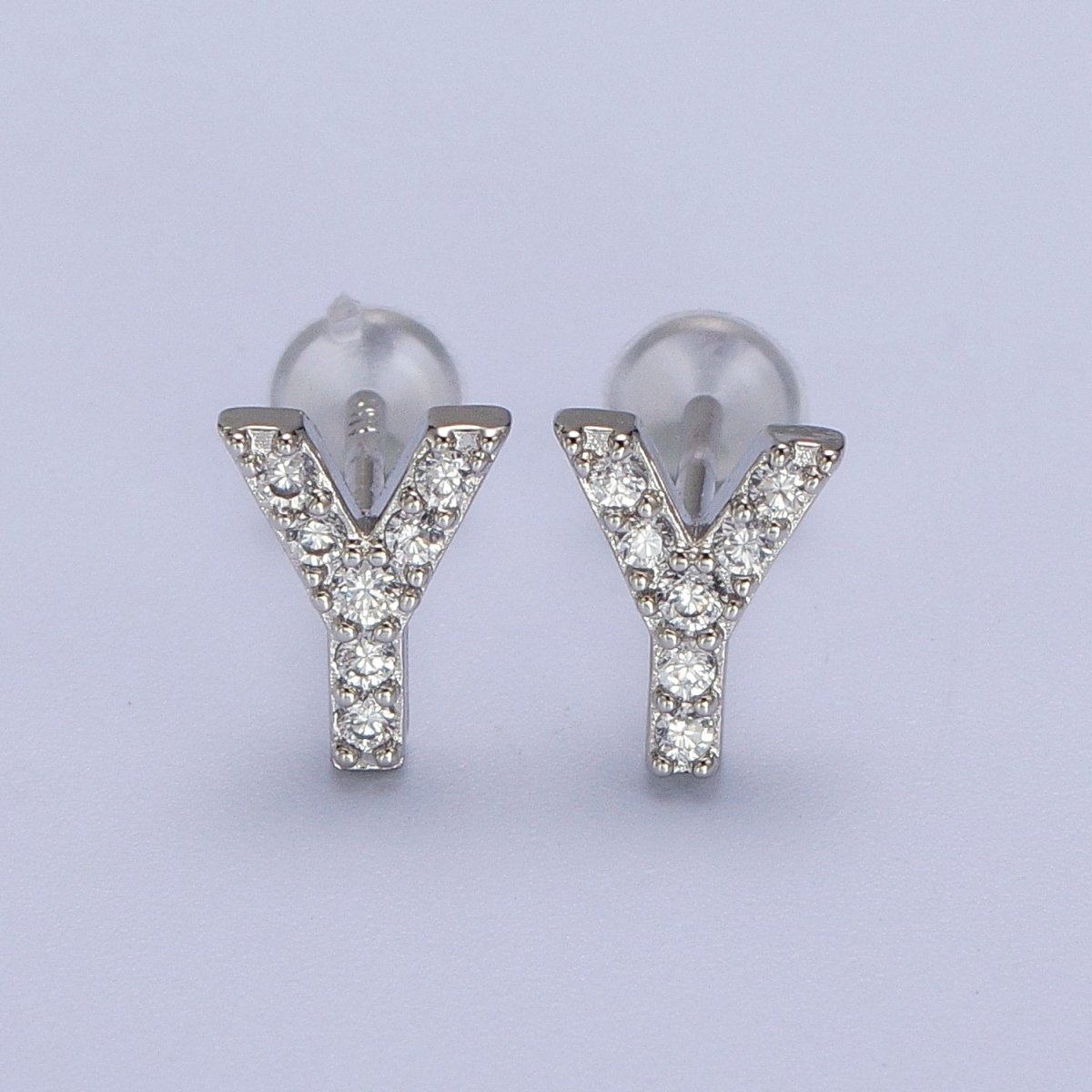 White Gold Filled Tiny Initial Letter Diamond CZ Silver Stud Earrings