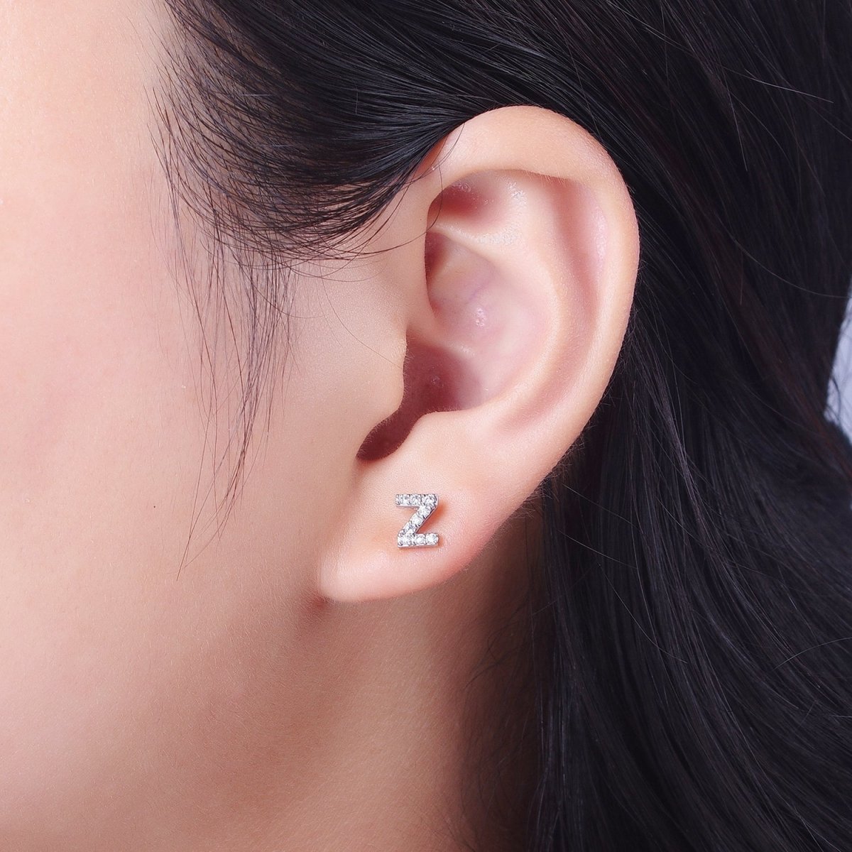 White Gold Filled Tiny Initial Letter Diamond CZ Silver Stud Earrings