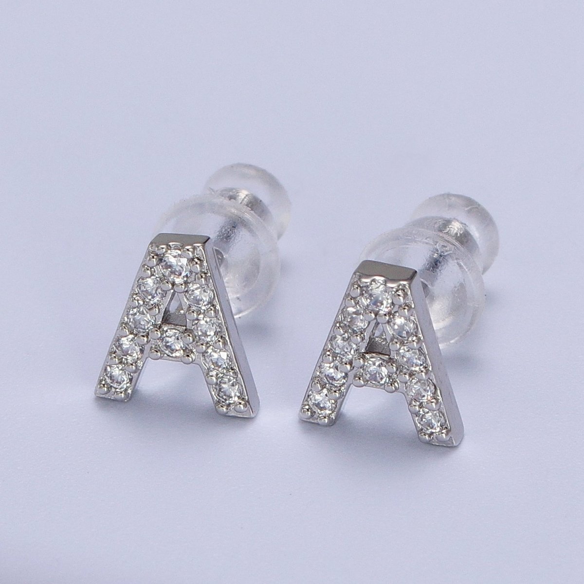 White Gold Filled Tiny Initial Letter Diamond CZ Silver Stud Earrings
