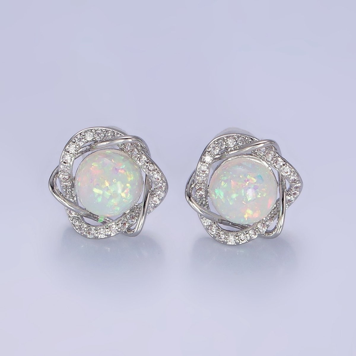 White Opal Curved Micro Paved Band Round Stud Earrings in Gold & Silver