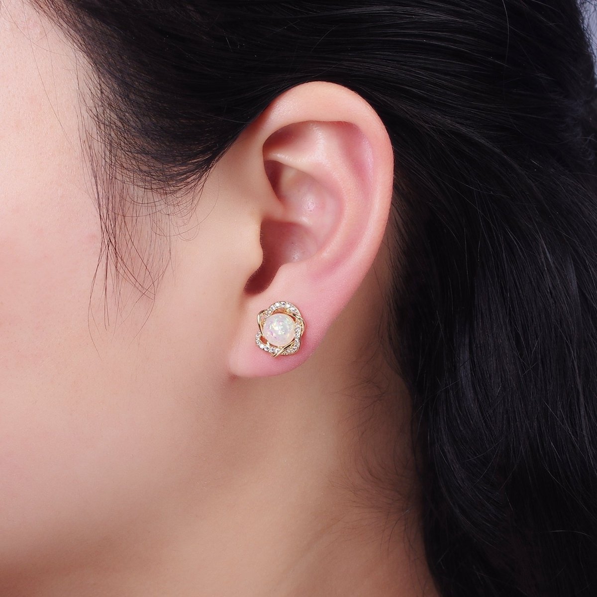White Opal Curved Micro Paved Band Round Stud Earrings in Gold & Silver