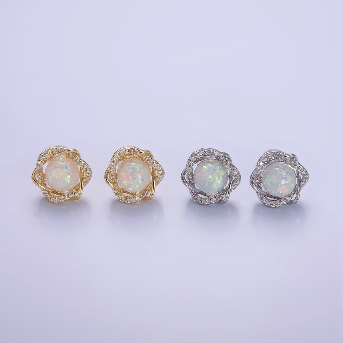 White Opal Curved Micro Paved Band Round Stud Earrings in Gold & Silver