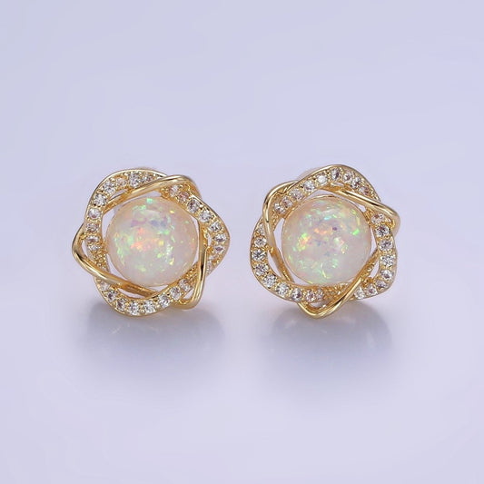 White Opal Curved Micro Paved Band Round Stud Earrings in Gold & Silver