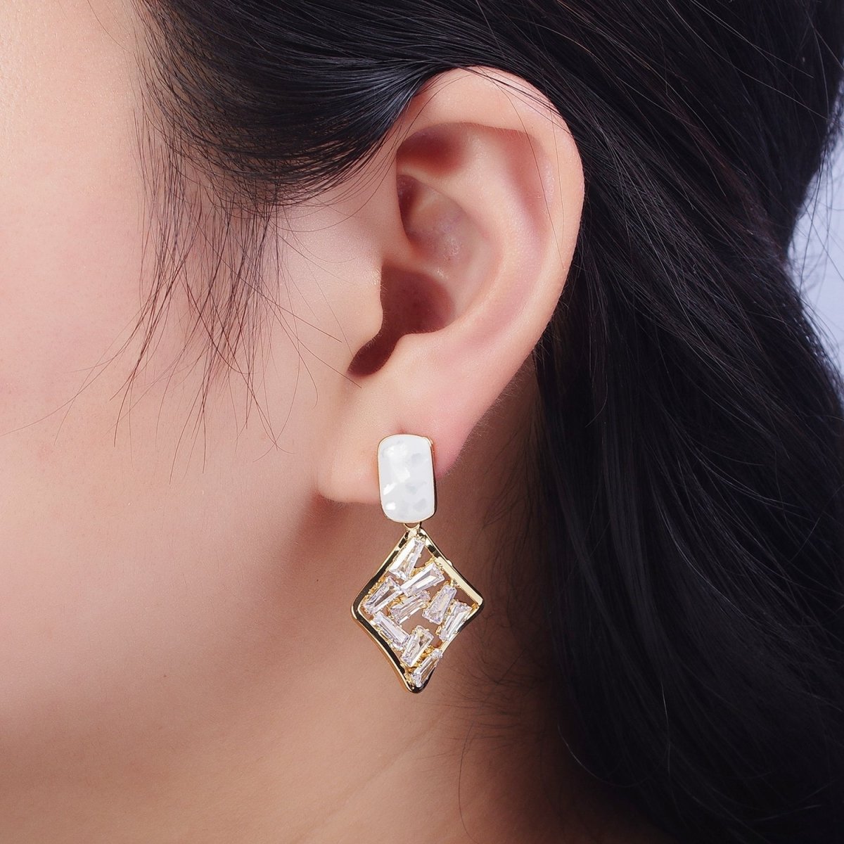 Unique White Opal Baguette Cubic Zirconia Rhombus Drop Gold Stud Earrings