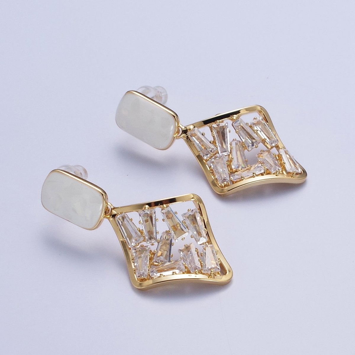 Unique White Opal Baguette Cubic Zirconia Rhombus Drop Gold Stud Earrings