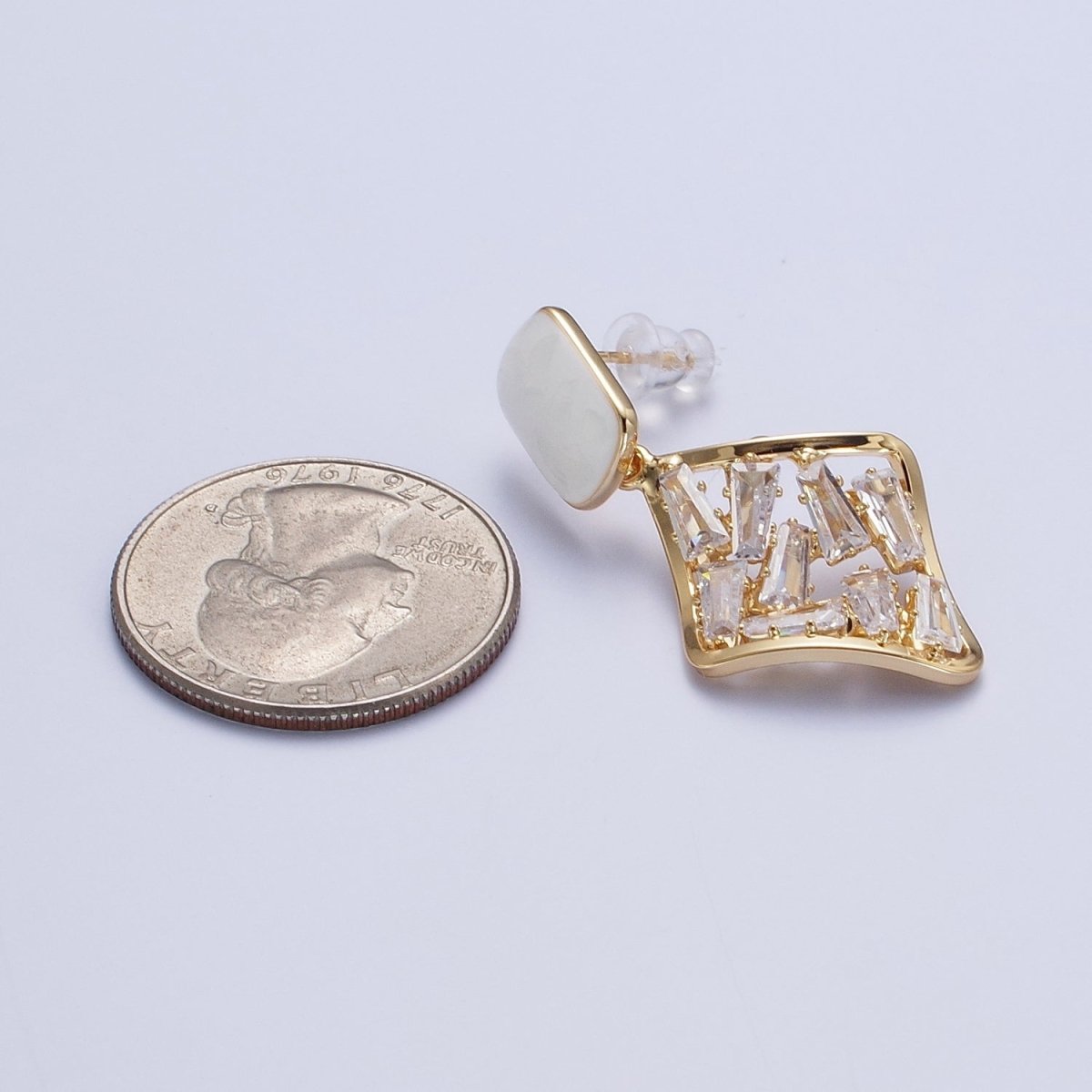 Unique White Opal Baguette Cubic Zirconia Rhombus Drop Gold Stud Earrings