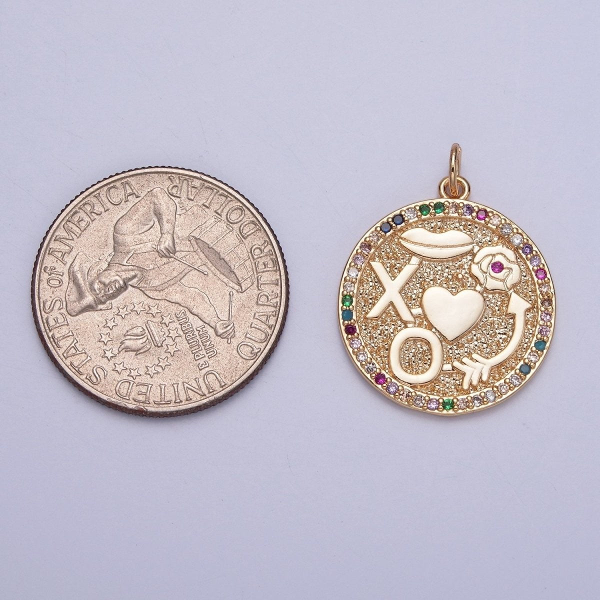 XO Kisses Love Roses Arrow Micro Pave Multicolor CZ Gold Round Medallion Charm