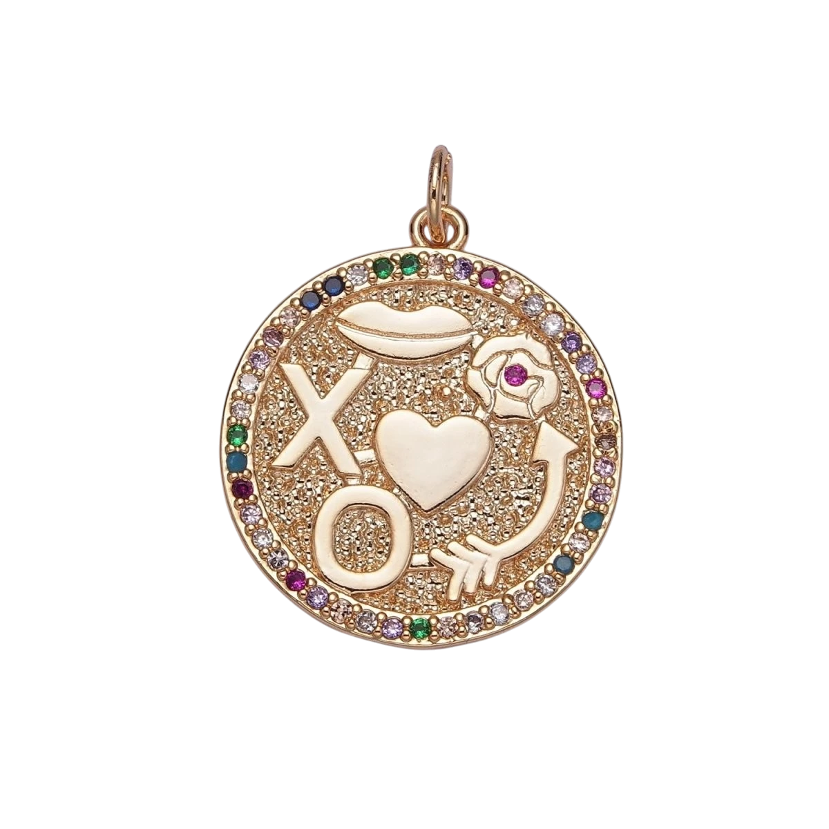 XO Kisses Love Roses Arrow Micro Pave Multicolor CZ Gold Round Medallion Charm