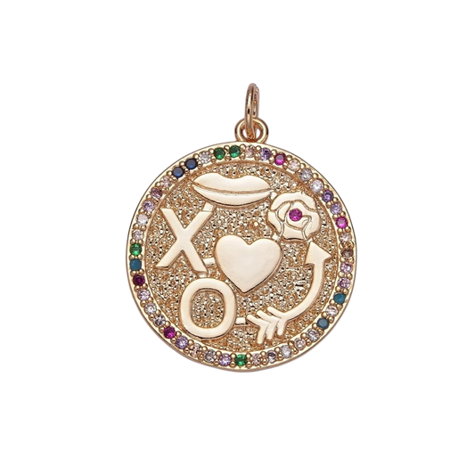 XO Kisses Love Roses Arrow Micro Pave Multicolor CZ Gold Round Medallion Charm