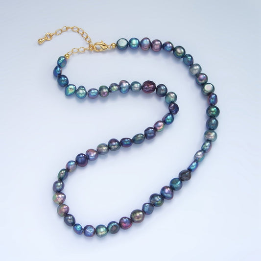 Stunning 24K Gold-Filled 7mm Baroque Peacock Freshwater Pearl 14 Inch Necklace