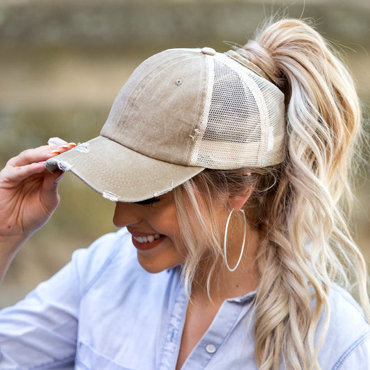 Distressed Messy Bun Ball Cap
