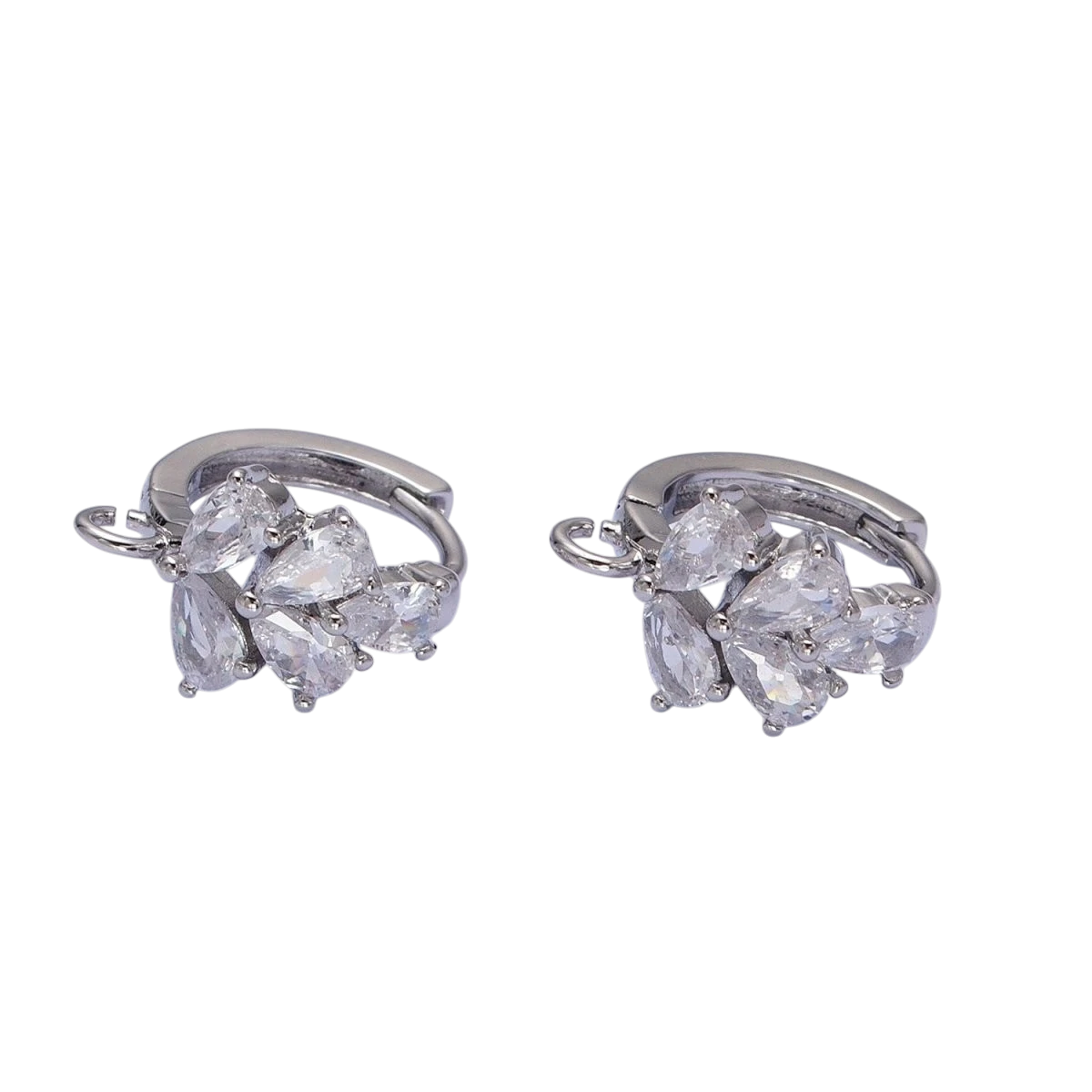 Tessa Vera silver-plated huggie earrings with clear marquise-cut stones and an open loop design for charms.