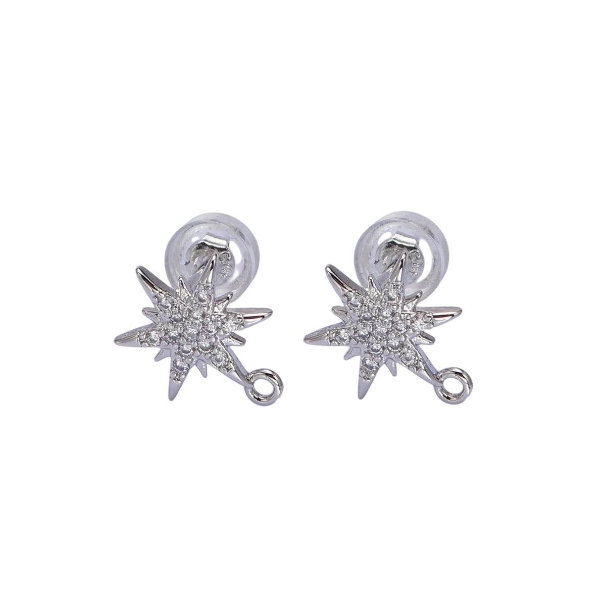 Tessa Vera silver celestial North Star stud earrings with micro pave crystals and an open loop design.