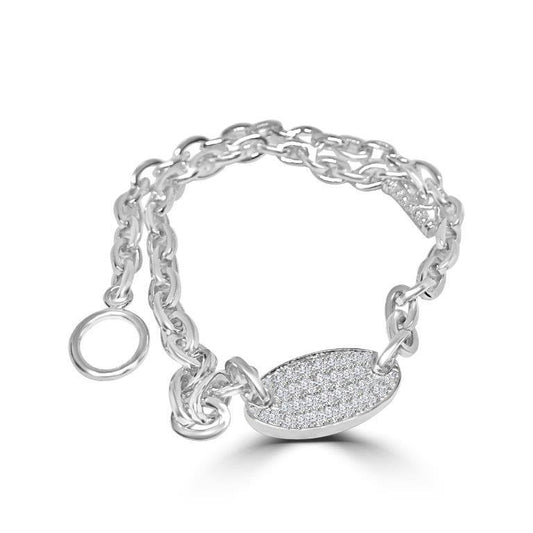 Cubic Zirconia Oval Pave Center Heavy Sterling Silver Designer Necklace